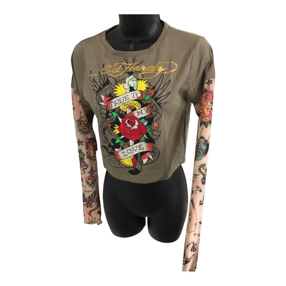 Ed Hardy olive green sheer mesh‎ tatoo look printed sleeves t-shirt size medium